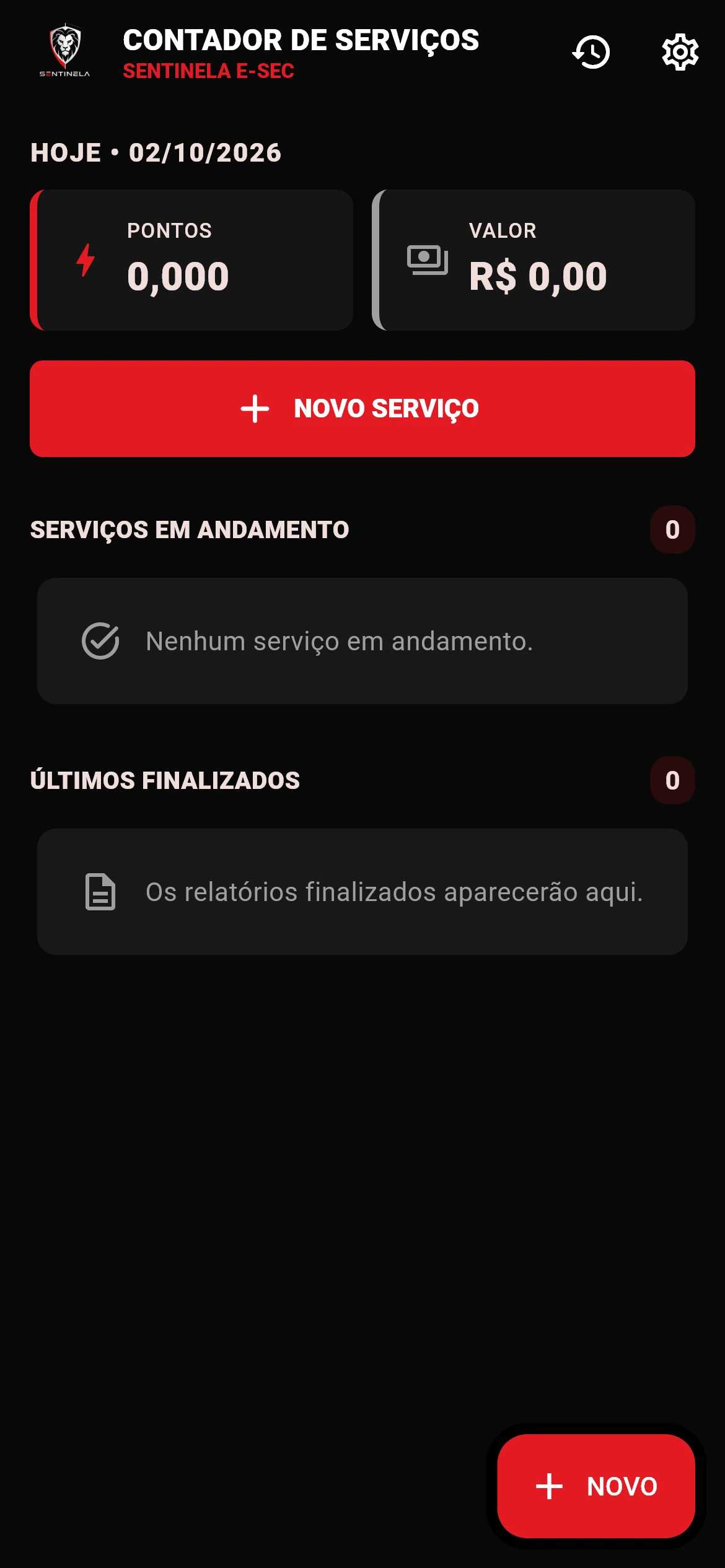 Tela inicial do Contador de Serviços com pontos, valores e serviços em andamento no modo escuro