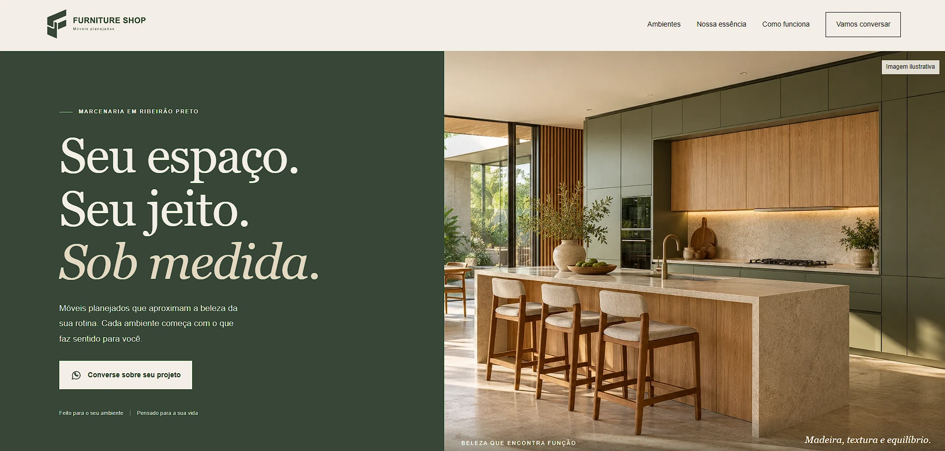 Landing page da Furniture Shop com apresentação da marcenaria e imagem de uma cozinha com móveis planejados