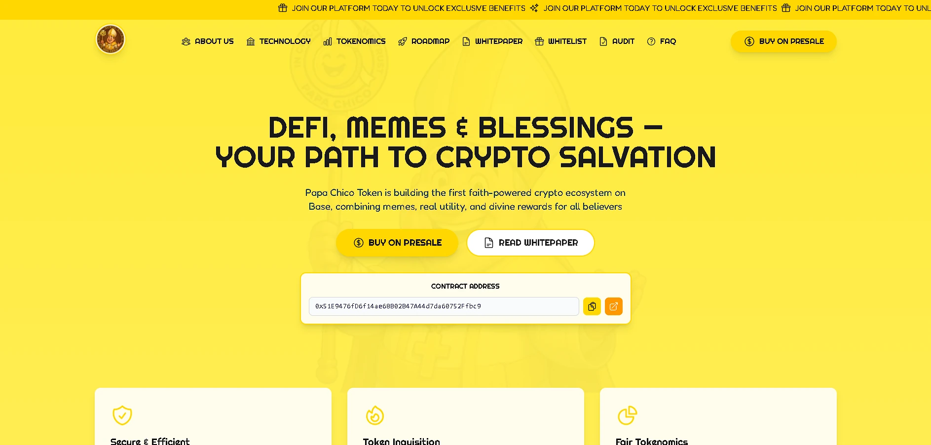 Landing page amarela do token PapaChico com chamada para a pré-venda