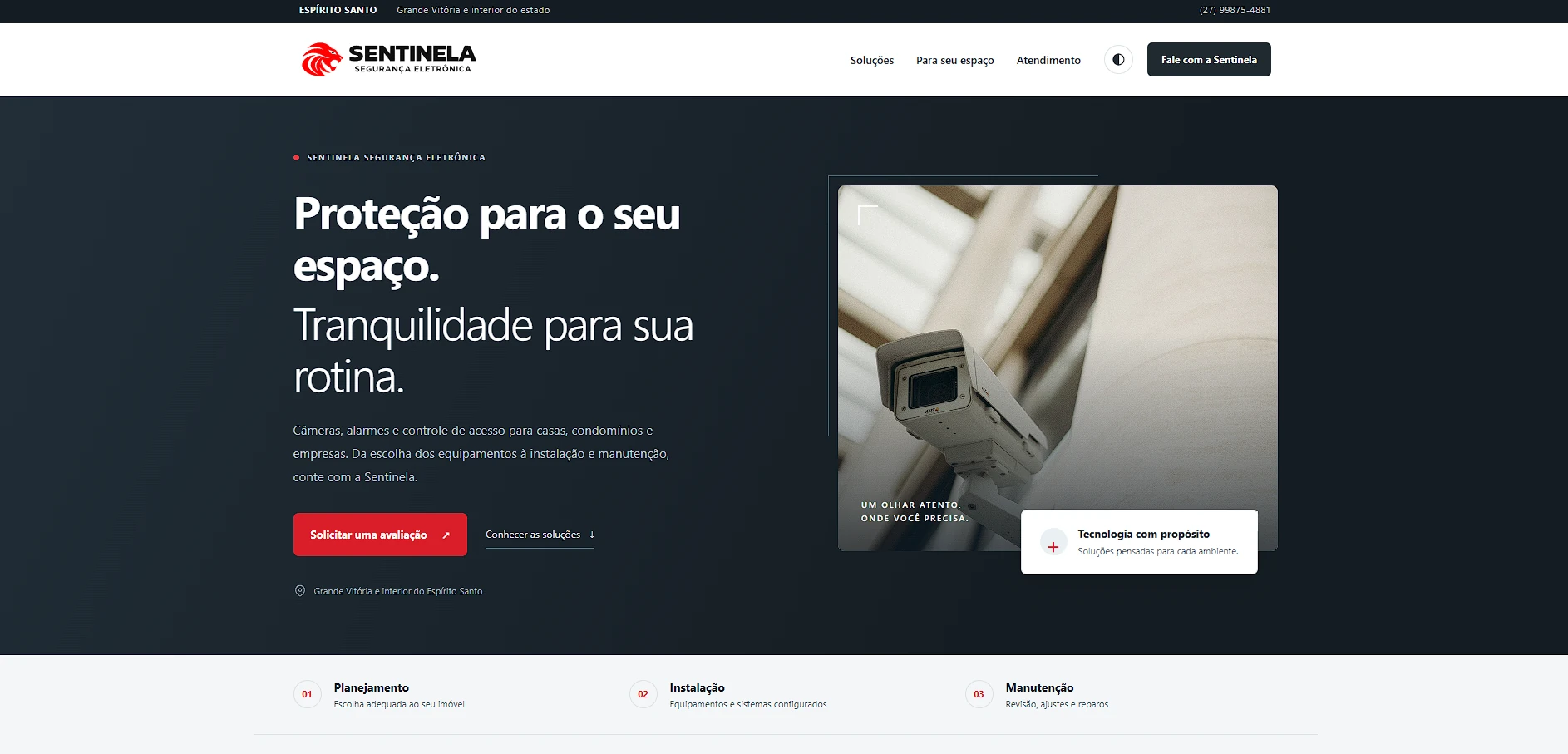 Landing page da Sentinela Segurança Eletrônica com apresentação de soluções de segurança e imagem de uma câmera de monitoramento