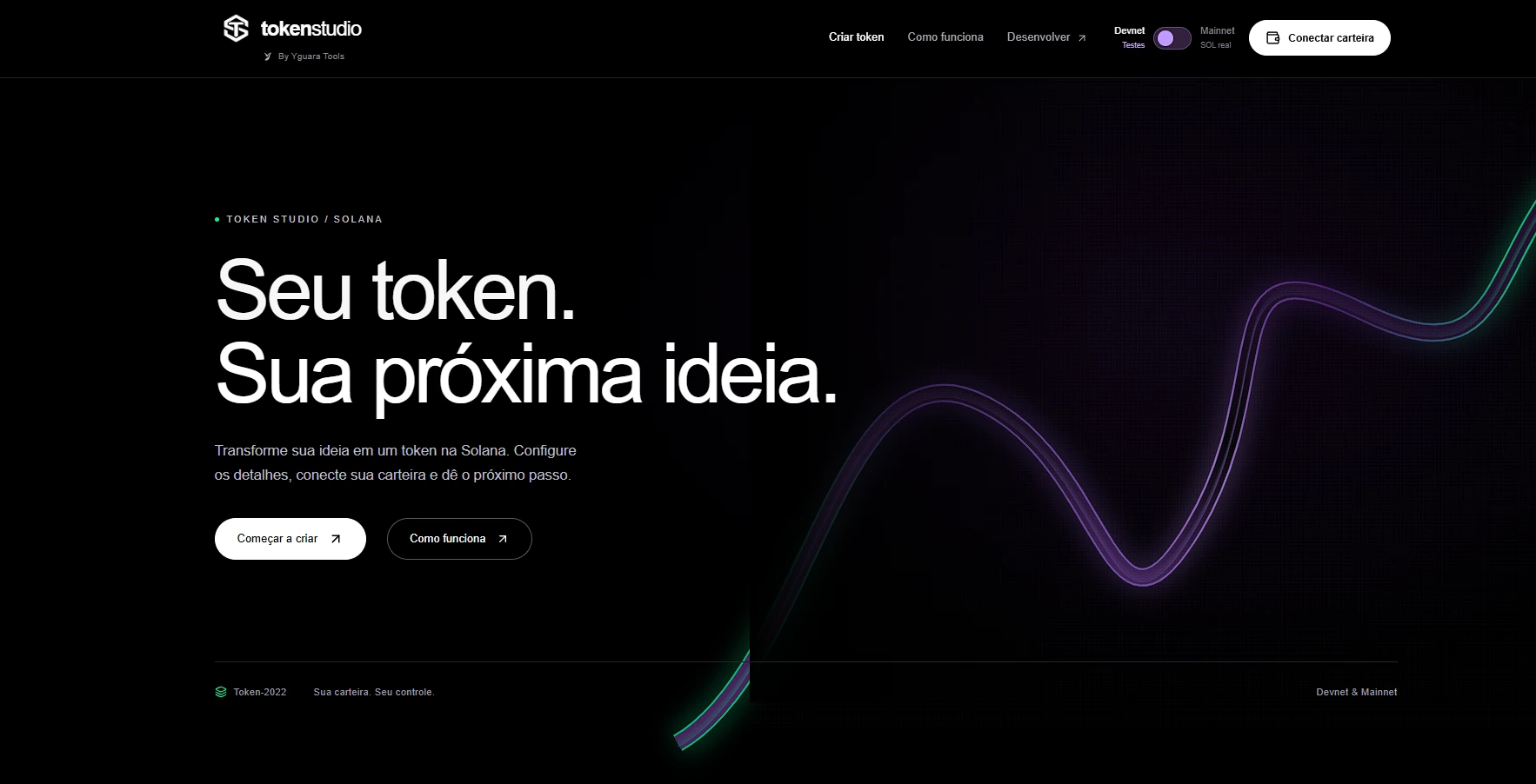 Página inicial do Token Studio com título Seu token. Sua próxima ideia. e linhas abstratas em roxo e verde